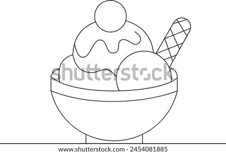 One continuous line drawing of ice cream in a bowl. Ice cream with cherry in plate freehand drawn silhouette illustration. Vector line art isolated on white background.