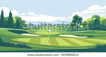 Scenic Countryside Golf Course Landscape with Flags, Greens, and Sand Bunke. Vector illustration Royalty-Free Stock Photo #2454084215