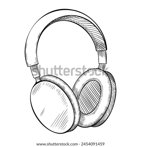 Vector illustration of Headphones. Drawing of Earphone on isolated background. Engraving of Headset for icon or logo in linear style. Sketch of earpiece for music during sports training. Royalty-Free Stock Photo #2454091459