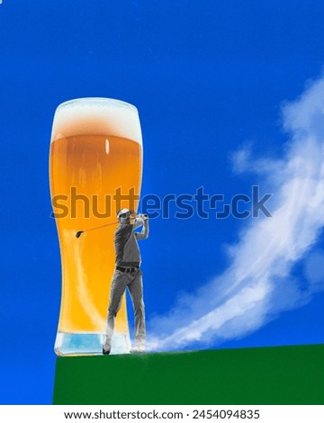 Contemporary art collage. Young man stands on green field and playing golf with huge glass of foamy beer behind him. Concept of celebration, vacation, rest, Friday mood, summer time, fun and joy.