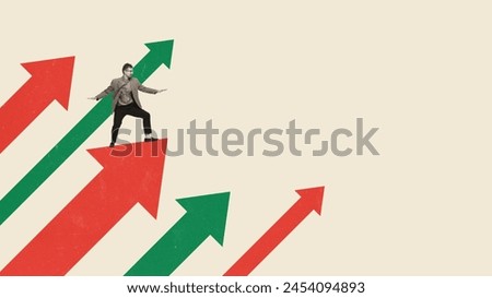 Businessman balancing on red and green arrows going upwards. Conceptual creative design. Strategic navigation and success achievement. Concept of business, innovation, progress, promotion Royalty-Free Stock Photo #2454094893