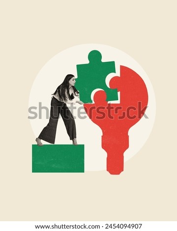 Young woman, employee putting lacking puzzle into lightbulb. Conceptual creative design. Visual metaphor for idea generation. Concept of business, strategy, creative thinking, analytics