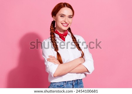 Photo of cool cheerful lady dressed cowboy outfit arms crossed empty space isolated pink color background