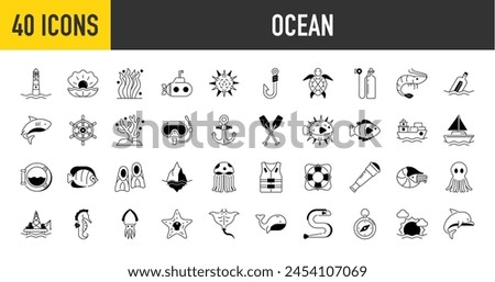 Ocean icons set. Such as lighthouse, clam, rudder, fishing hook, submarine, oars, flippers, seahorse, oxygen tank, sun, oil ring, starfish, anchor, blowfish, cargo ship, compass vector illustration.	