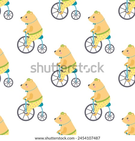 seamless pattern with funny cartoon circus bear wearing bow tie and riding bicycle on white background, flat vector illustration for textile print