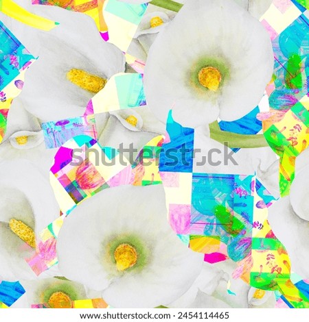 Neon botanical floral watercolor hand painted seamless pattern. A bright kaleidoscope of pieces of white calla lilies, forest mushrooms and berries. Pink, blue, yellow spots for modern fabric design
