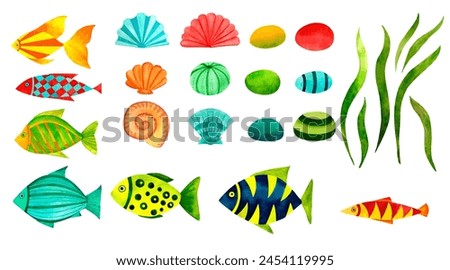 Funny fish, shells, stones marine underwater sea set, watercolor illustration clip art in ocean kids style, for decorating children room, school, nursery, invitation, print and postcard.
