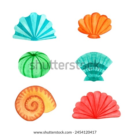 Funny seashells bundle marine underwater sea animal, watercolor illustration clip art in ocean kids style, for decorating children room, school, nursery, invitation, print and postcard.