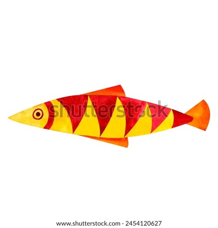 Funny red and yellow fish, marine underwater sea animal, watercolor illustration clip art in ocean kids style, for decorating children room, school, nursery, invitation, print and postcard.