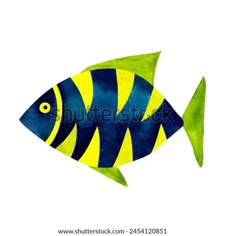 Funny blue, green and yellow fish, marine underwater sea animal, watercolor illustration clip art in ocean kids style, for decorating children room, school, nursery, invitation, print and postcard.