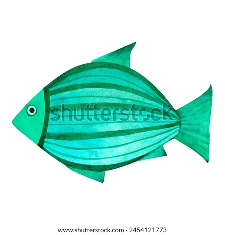 Funny turquoise blue green fish, marine underwater sea animal, watercolor illustration clip art in ocean kids style, for decorating children room, school, nursery, invitation, print and postcard.