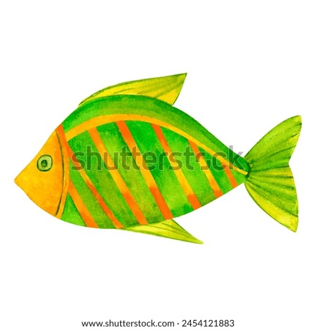 Funny green and yellow fish, marine underwater sea animal, watercolor illustration clip art in ocean kids style, for decorating children room, school, nursery, invitation, print and postcard.