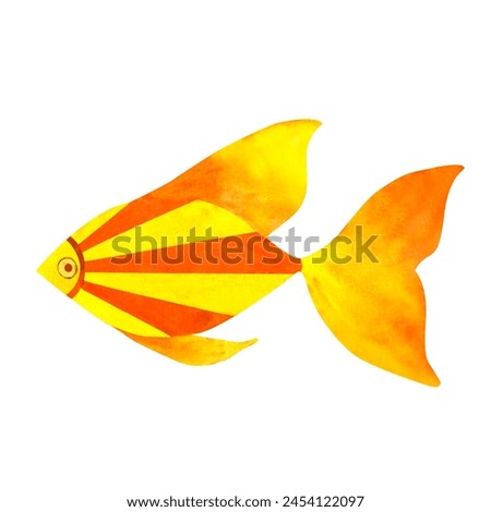 Funny yellow and orange fish, marine underwater sea animal, watercolor illustration clip art in ocean kids style, for decorating children room, school, nursery, invitation, print and postcard.