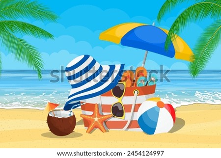 Summer accessories for the beach. Bag, sunglasses, flip flops, starfish, ball, Umbrella . Against the background of the sun the sea and palm trees. Vector illustration in flat style Royalty-Free Stock Photo #2454124997
