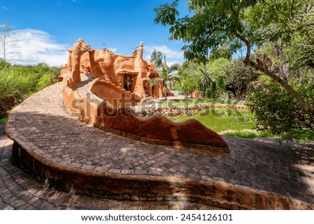 Casa Terracota, magical place, architecture and design, as well as other arts and crafts, come together. House made of clay Villa de Leyva, Boyaca department Colombia. Royalty-Free Stock Photo #2454126101