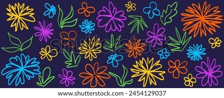Collection of hand drawn graphic flower and leaves. Floral clip art elements. Crayon or charcoal graphic elements. Vector illustration
