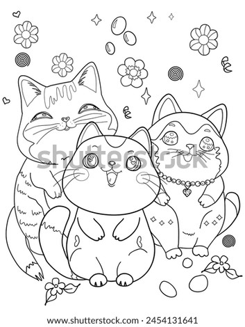 cats cartoon ,kawaii coloring page for kids and adult