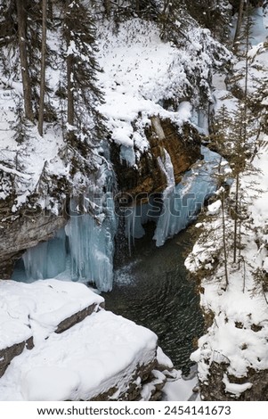 Jasper, Alberta, Canada, Maligne Canyon, winter, snow, ice, frozen, beauty, majestic, landscape, Rocky Mountains, natural wonder, winter wonderland, snowy trees, snow-covered, canyon, icy formations