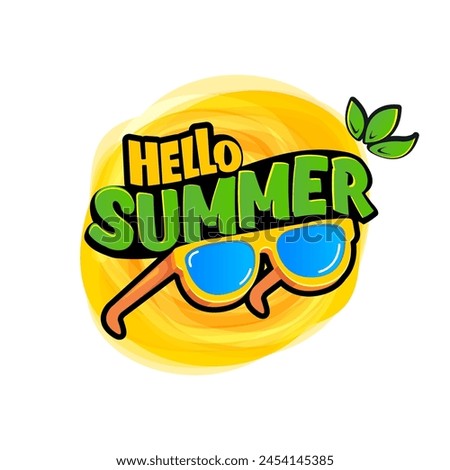 Super Hello summer vector logo  with text and vintage retro yellow sunglasses isolated on background. Hello summer label, icon, print, banner design template with funny cartoon sunglasses, summer vibe