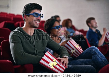 3d, movie and couple in cinema on date with popcorn to relax and watch in theatre with happiness. Film, experience and people in audience with glasses enjoy funny comedy and eating snack or food