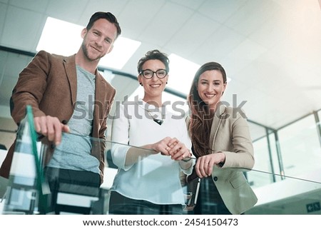 Business people, portrait and team for picture in office for company website, social media or together. Journalists, man and women with smile for photography, profile post and image in low angle