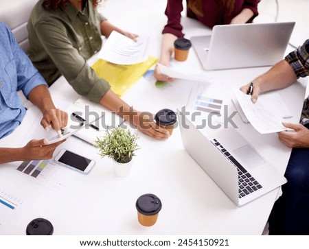 Hands, business people and group with teamwork, planning and brainstorming for project, synergy or laptop. Staff, closeup or employees with web designer, update software or cooperation with paperwork