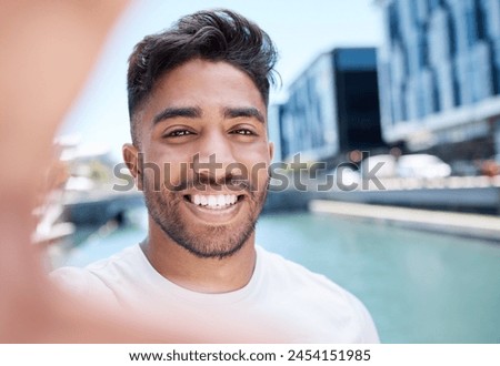 Happy man, portrait and selfie with memory by water, river or pond for travel, picture or photography in city. Young male person or tourist with smile for sightseeing, review or moment in Los Angeles
