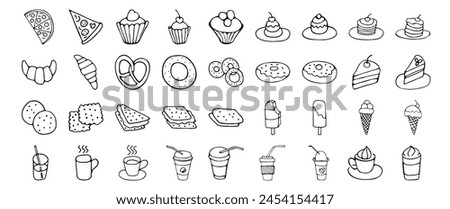 Icon set of food and drink, fast food, sweets, cookies, coffee. Hand drawn vector monochrome doodles in line style. Line contour  in sketch style.