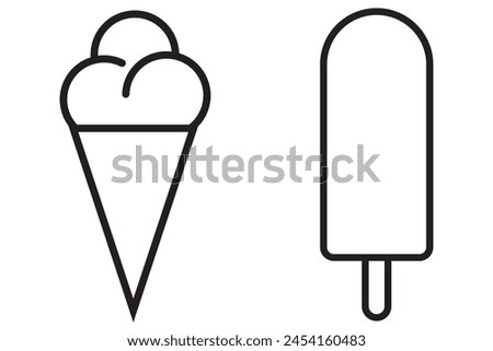 Ice cream line icon set, silhouette. Ice cream cone wafer filled with cartoon, vector illustration. Simple, flat ice cream cone icon and symbol, vector.