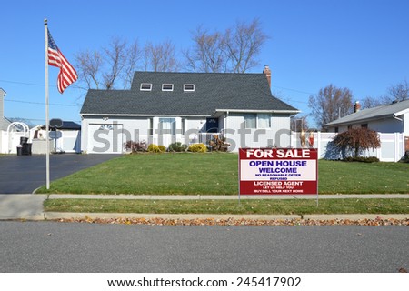 American flag pole real estate for sale open house welcome sign Suburban home sunny autumn day residential neighborhood USA