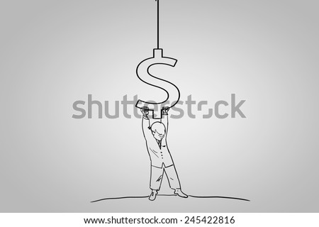 Caricature of businessman lifting dollar symbol above head