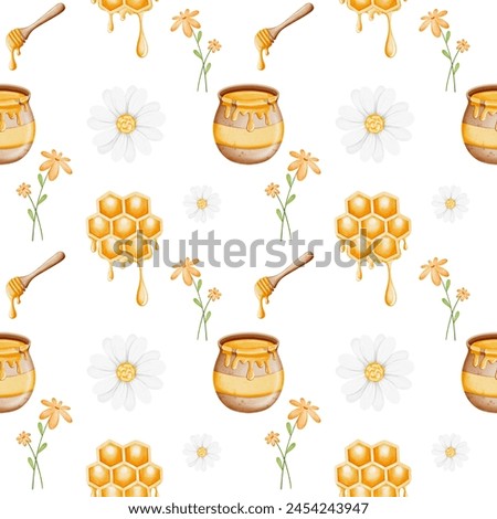 Watercolor seamless pattern cute honey bee and flowers.