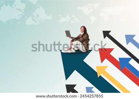 Young businesswoman with laptop sitting on arrow going. Career development and financial growth concept