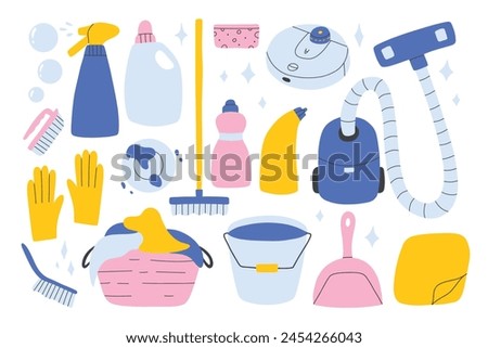 Set of cleaning elements. Vector collection of clip art cleaning in hand drawn style.