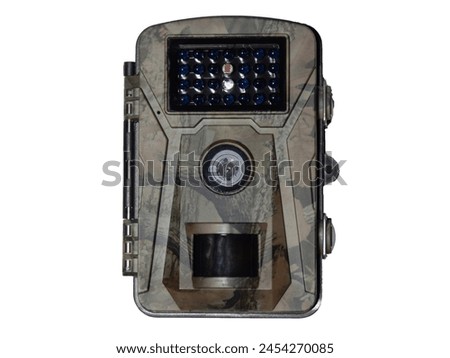 Trail camera isolated on white background. Photo and video trap. Animal monitoring device with motion sensor and night vision