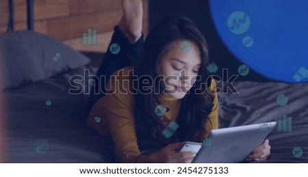 Image of digital icons over woman using digital tablet and smartphone at home. Global online network digital interface technology concept digitally generated image.