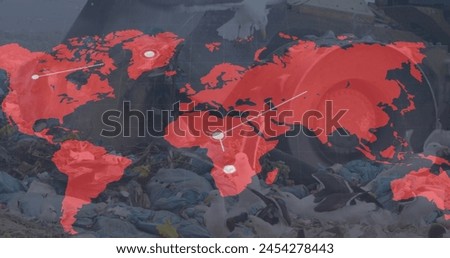 Image of world map over bulldozer in waste disposal site. environment, global warming and climate change concept digitally generated image.
