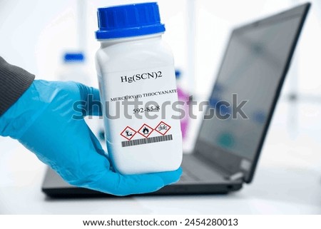 Hg(SCN)2 mercury(II) thiocyanate CAS 592-85-8 chemical substance in white plastic laboratory packaging Royalty-Free Stock Photo #2454280013