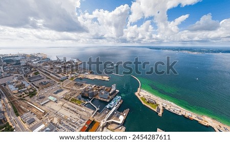 Helsingborg, Sweden. Panorama of the city in summer with port infrastructure. Oresund Strait. Aerial view
