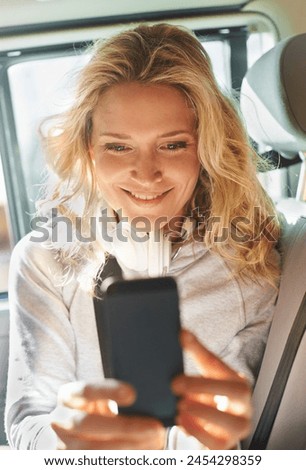 Woman, selfie and phone in car, smile and road trip for memories, social media and post. Excited, technology and travel or internet, picture and livestream for communication, happy and mobile app