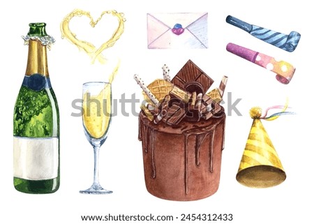 Wedding birthday set watercolor drawing cake. Champagne glass heart bottle chocolate. Greeting card invitation. Golden sparkling patry valentine goblet celebration. Isolated white background treat