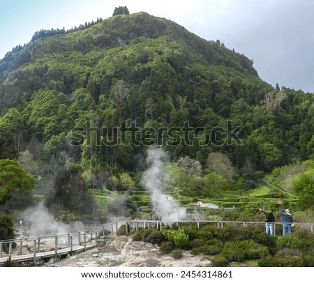 The hot steam from volcanic activity near the Lagoa das Furnas, Azores.  Royalty-Free Stock Photo #2454314861