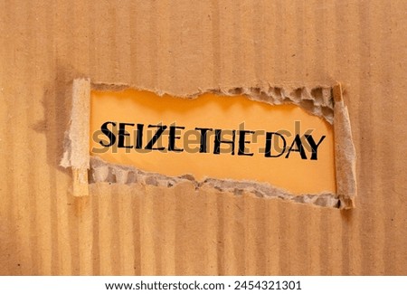 Seize the day words written on ripped cardboard paper with orange background. Conceptual seize the day symbol. Copy space. Royalty-Free Stock Photo #2454321301