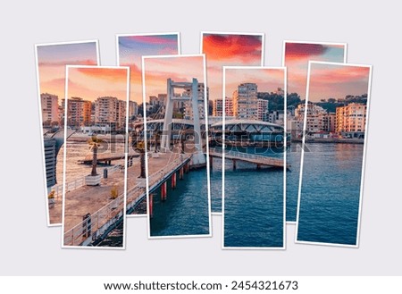 Isolated eight frames collage of picture of Durres, city on the Adriatic Sea in western Albania, Europe. Impressive Adriatic seascape. Exotic spring scene of Albania. Mock-up of modular photo.

