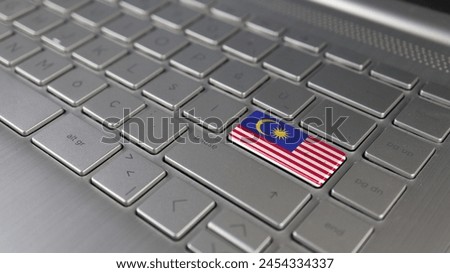 Keyboard with Malaysia flag on the enter button, represents cyber attack of Malaysia, metaphor of learning language, grey keypad close up, front view, selective focus