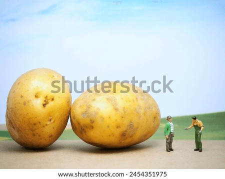 Mini toy of action figure at table with blurred background. Toy photography concept. Potatoes photography conceptual design