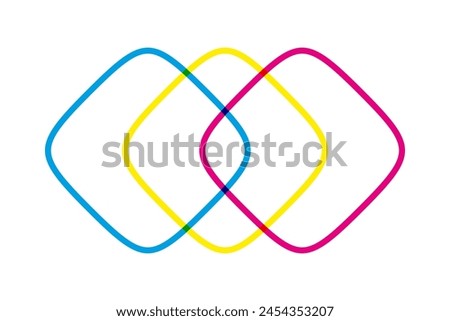 Hollow CMY colour mix, squircle icon. Outline shapes in cyan, magenta and yellow. Overlapping to create green, red and blue. Isolated on a white background. Royalty-Free Stock Photo #2454353207