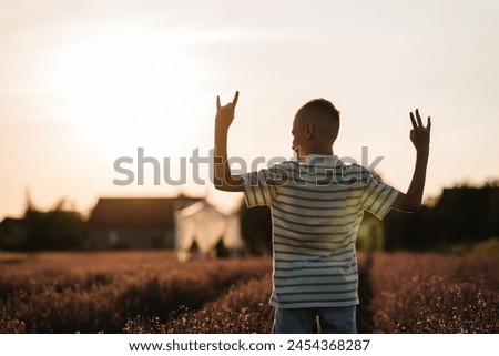Happy young guy performing show goat gesture on summer day at sunset. Cheerful child presenting popular internet meme pose in lavender field. Boy making heavy metal gesture, having fun. Back view.