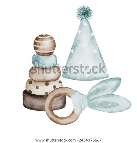 Baby Toys. Watercolor hand drawing isolated on white background. Clip art composition of children's things: a pyramid, a rattle and a festive cap. For design of cards and invitations for baby shower