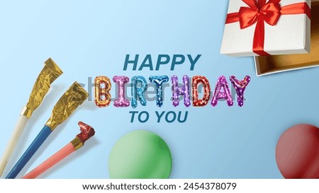 Colorful birthday balloons and birthday party stuff ornament with gift box and happy birthday greeting text on colored background. Happy birthday concept